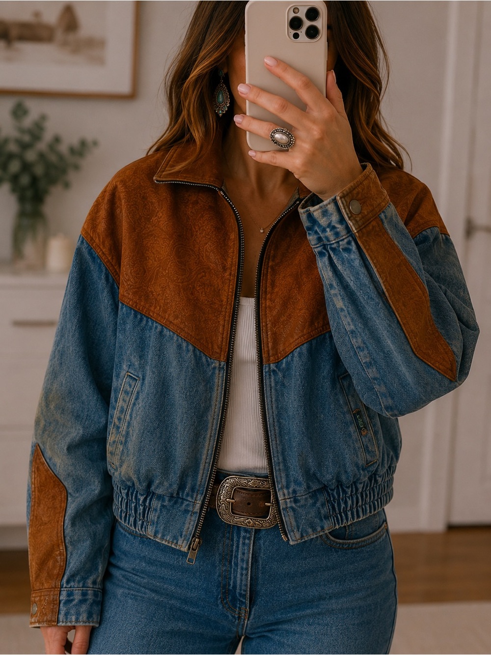 Rode Walker Retro Vintage Denim and Leather Western Coat.